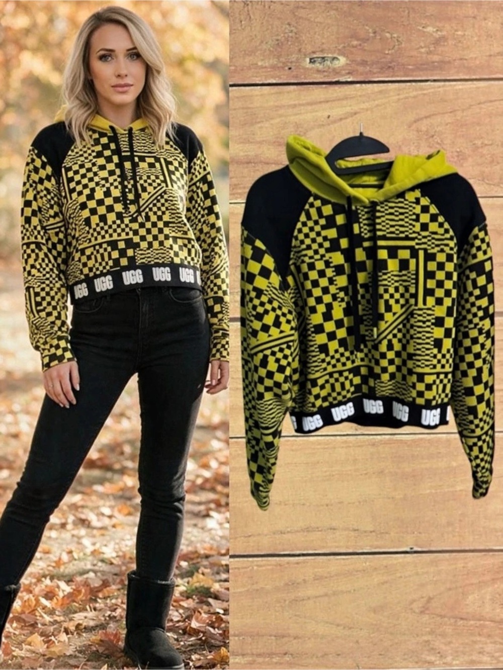 UGG Mallory Cropped Hoodie Checks Yellow Black Checkered Sweatshirt Size M EUC